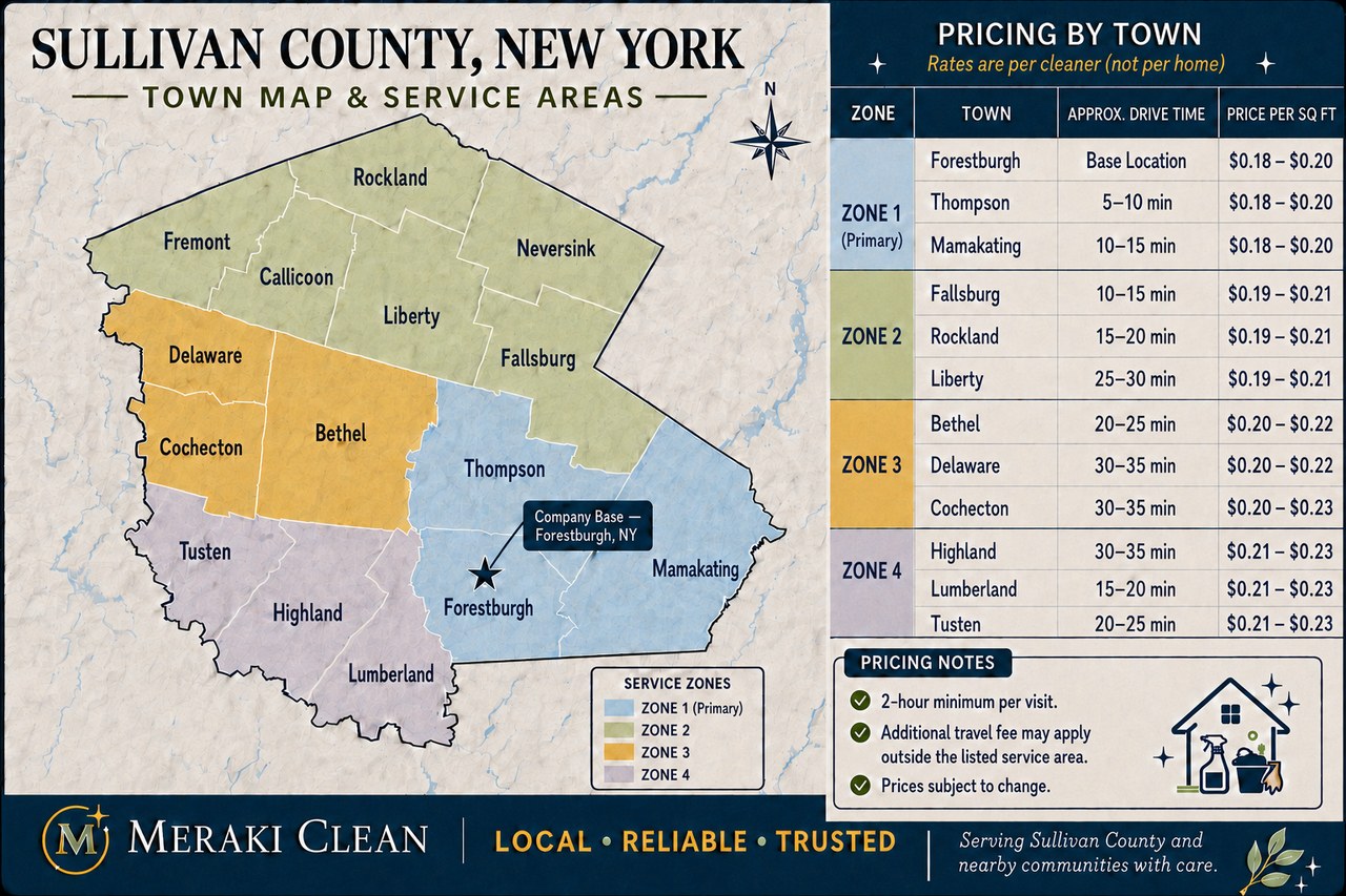 Meraki Clean Sullivan County, New York town map and per-square-foot pricing by town. Every town we serve is also listed as text below the map.