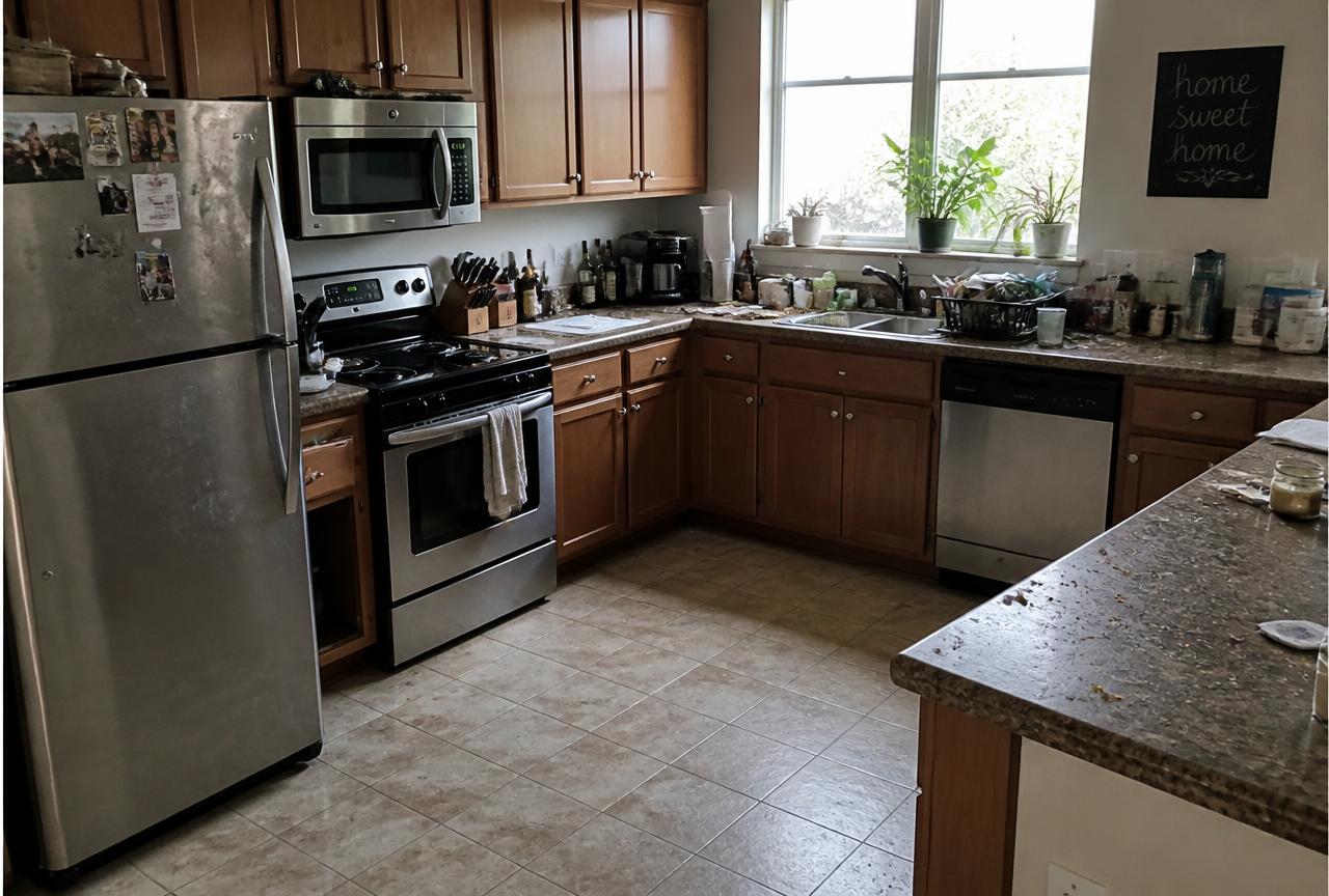 Cluttered kitchen with dishes and crumbs before cleaning